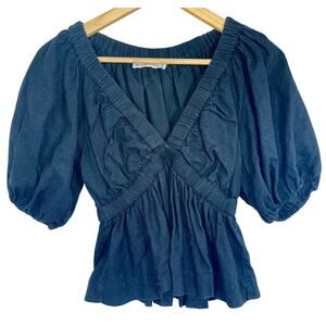 Abercrombie & Fitch Black Linen Ruched Puff Sleeve V-Neck Blouse Womens Size XS